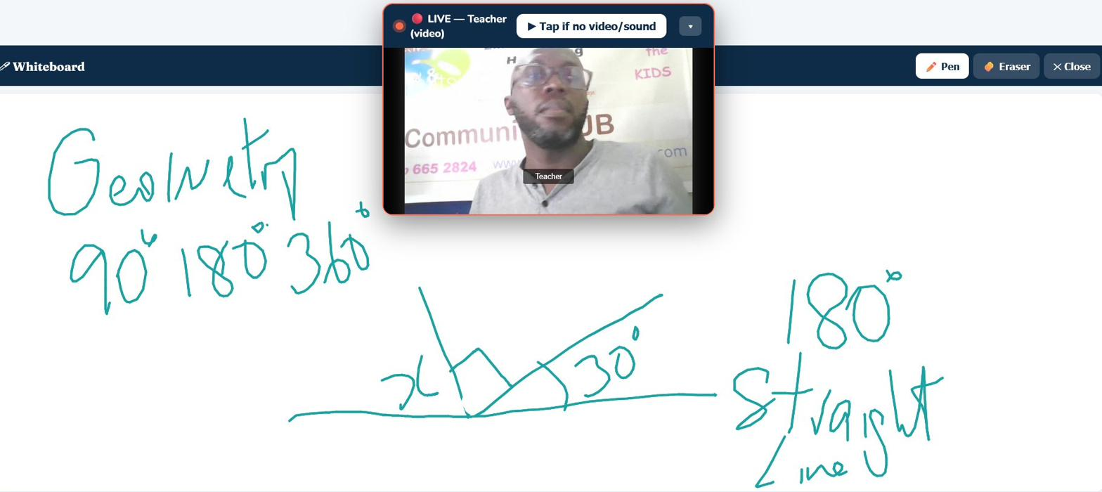 A live class: the teacher on video above a whiteboard with geometry working — angles on a straight line drawn in real time.